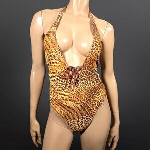 Y2K One Piece high Cut Leopard Print Swimsuit Womens Size S Deep V Lace Up